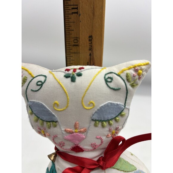 Vintage Handmade Patchwork Embroidered Farmhouse  Cat Pillow - Picture 4 of 7